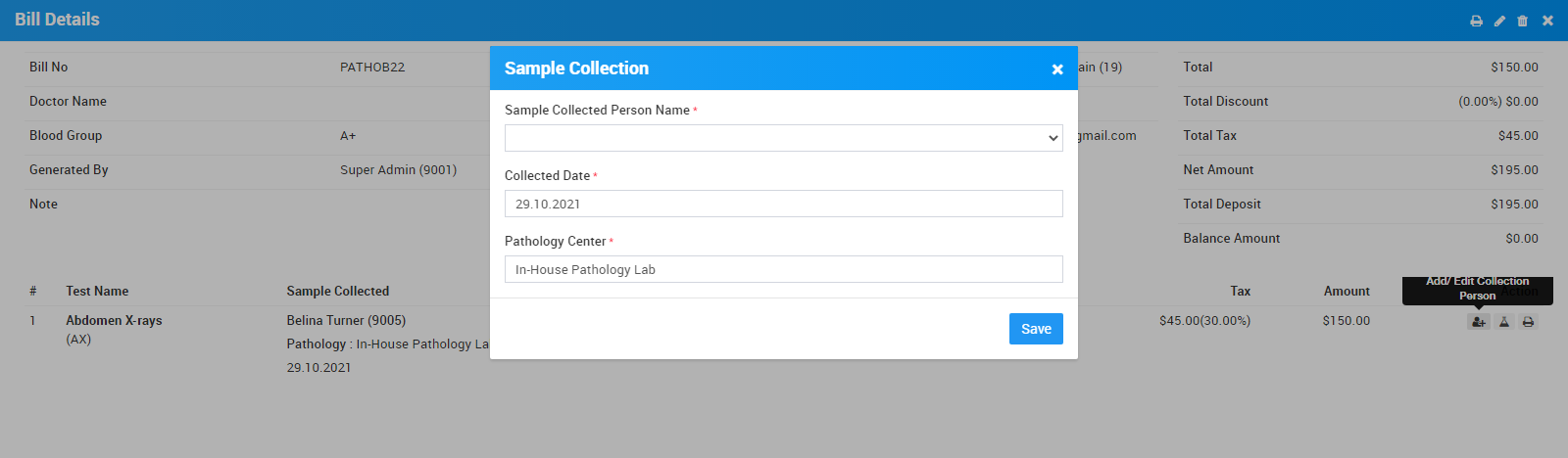 pathology billing sample colletion person
